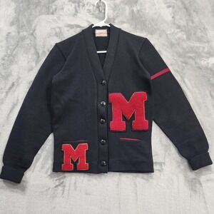 Vintage Dehen Cardigan Sweater Mens XS Black Wool Varsity 'M' Chenille Letterman